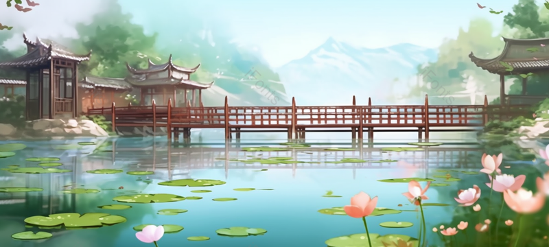 庭院小桥湖面荷花,插画/手绘图,插画/手绘图库,插画/手绘图下载,插画/手绘